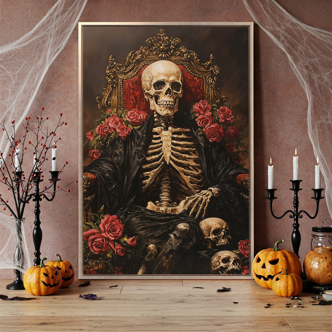 Framed Wall Art featuring a regal skeleton with roses, in a dark, gothic style. Rich red, gold, and black color palette, perfect for Halloween decor.