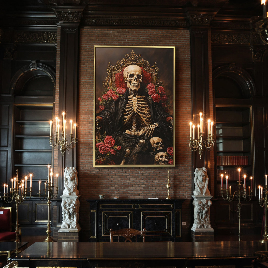 Canvas Print: Gothic skeleton art with red roses. Dark, moody aesthetic perfect for Halloween decor. Available now!