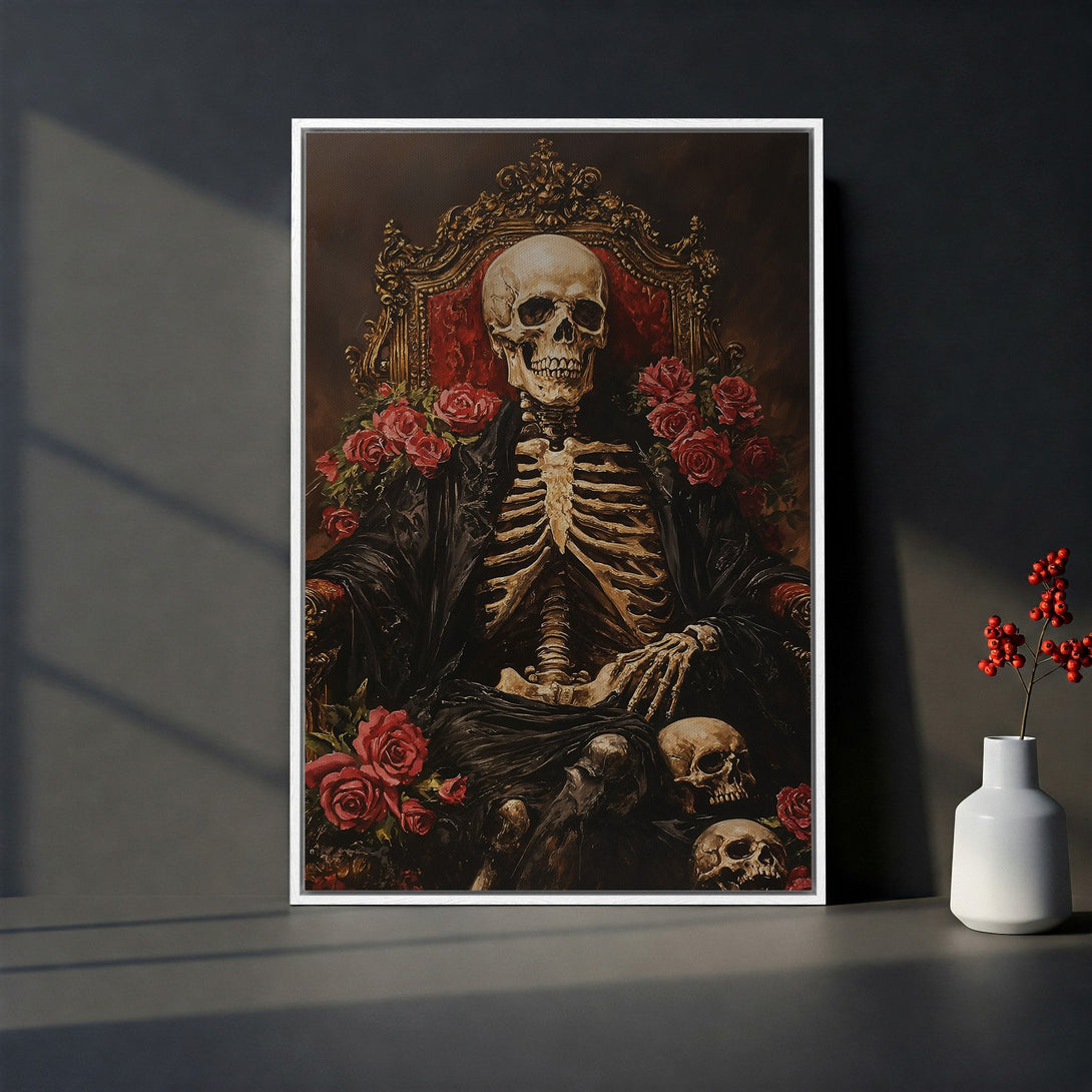 Framed Wall Art featuring a skeleton on a throne, gothic style with red roses, dark and moody color palette. Perfect for unique home decor.