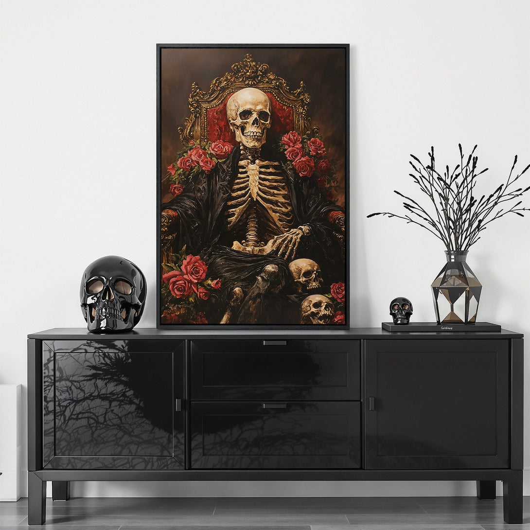 Framed Wall Art featuring a skeleton on a throne, with red roses. Dark, gothic aesthetic in a moody, warm color palette. Perfect for adding a unique touch.