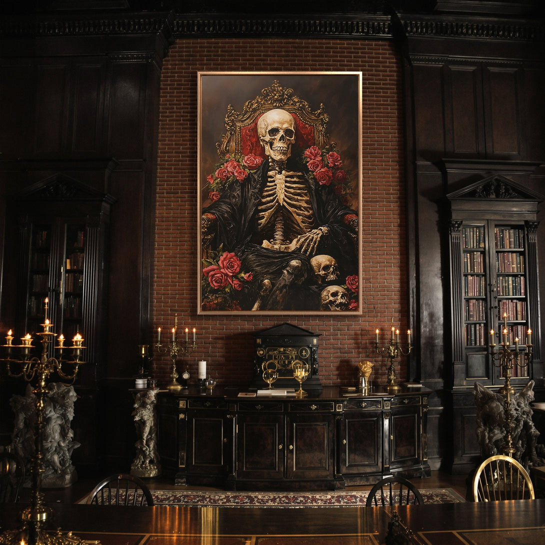 Framed Wall Art featuring a skeleton king on a throne, gothic style, with red roses, in a dark, moody interior with a warm color palette.