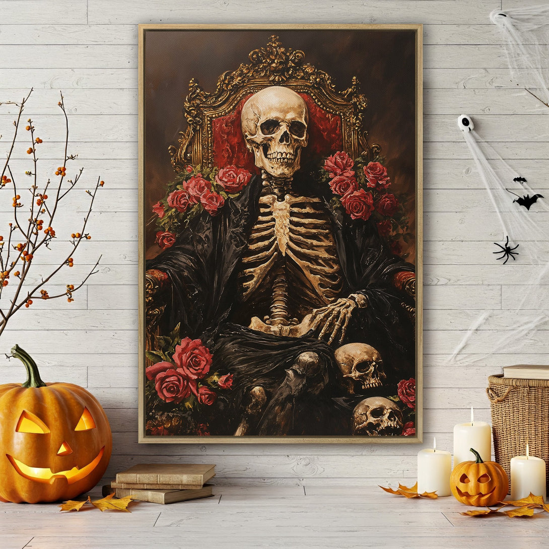 Framed Wall Art: Spooky skeleton on a throne with red roses. Dark, gothic style with a rich brown and red color palette, perfect for Halloween decor.