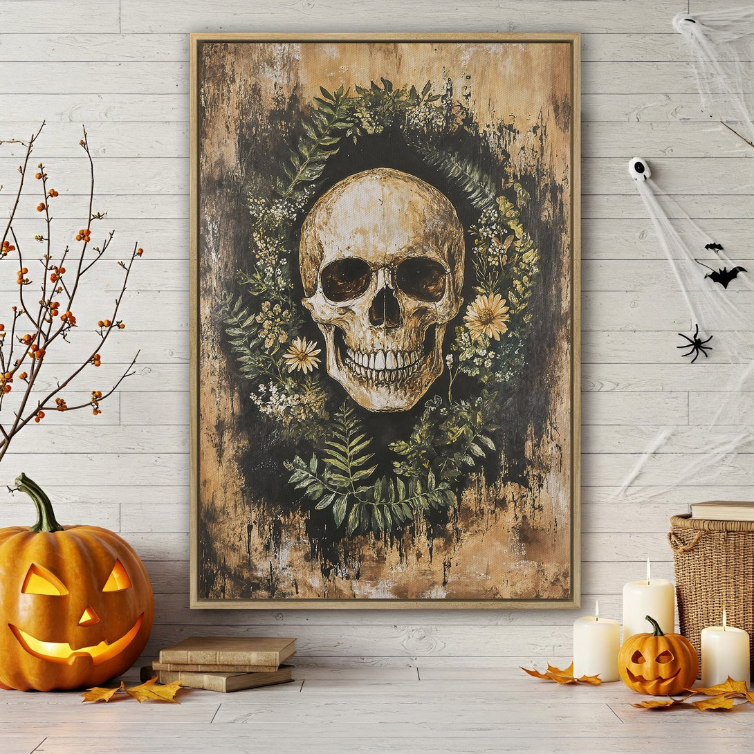 Framed Wall Art: Spooky skull art with floral wreath in neutral tones. Perfect Halloween decor, adding a touch of gothic style to your home.