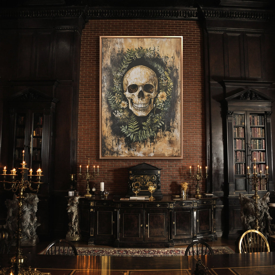 Framed Wall Art: Skull canvas print in a gothic interior. Moody, dark color palette with a touch of floral elements. Perfect for Halloween decor!