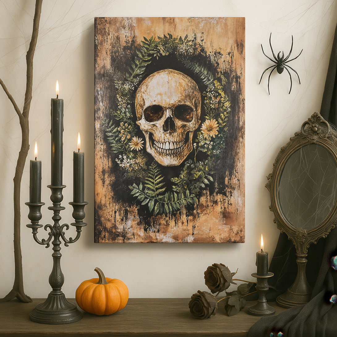 Framed Wall Art: Gothic skull canvas print in a dark interior. Features a skull with floral accents, warm earthy tones, and dramatic lighting. Perfect for a unique statement piece.