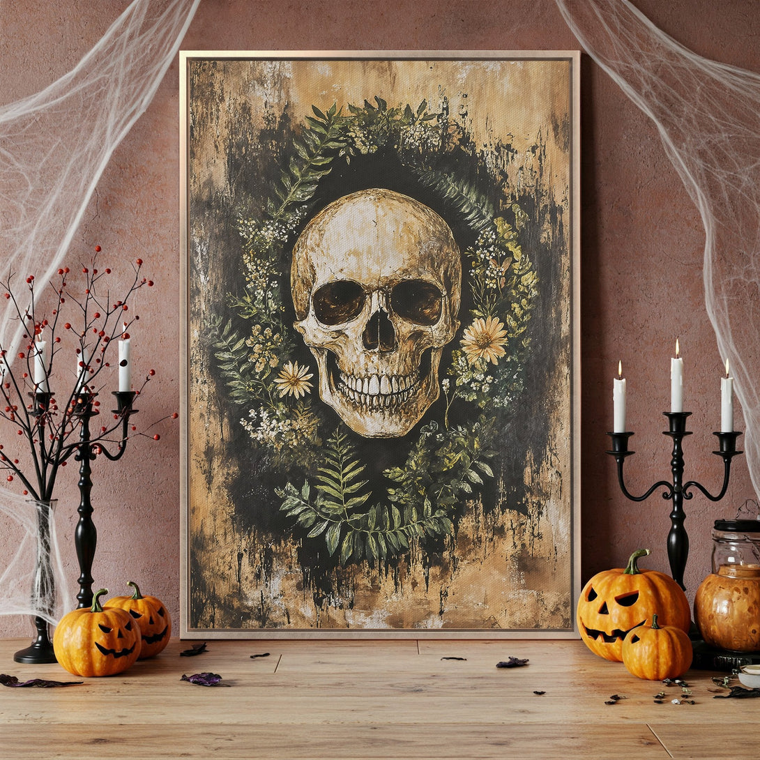 Framed Wall Art featuring a skull surrounded by foliage. Moody, vintage style with a warm, earthy color palette. Perfect Halloween decor!