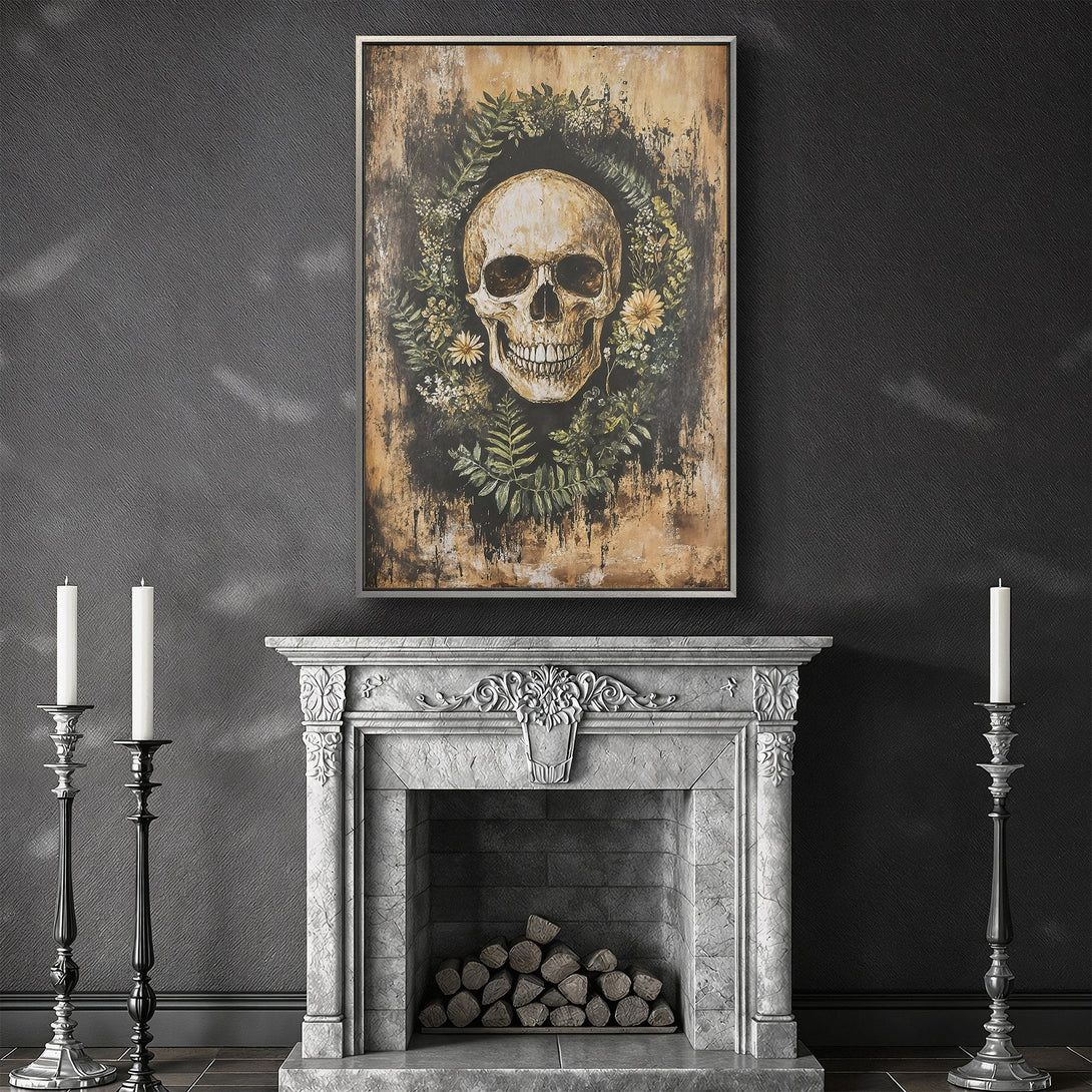 Framed Wall Art featuring a skull with floral wreath, in a dark, moody style with a neutral color palette. Perfect for gothic home decor.
