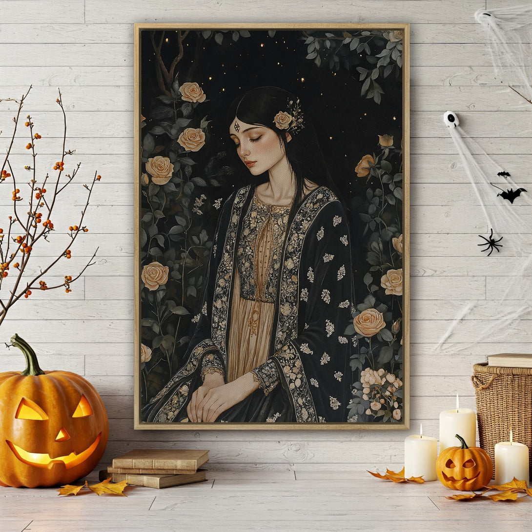 Framed Wall Art featuring a woman in a floral setting, elegant style, with a dark and gold color palette. Perfect for adding a touch of mystique.