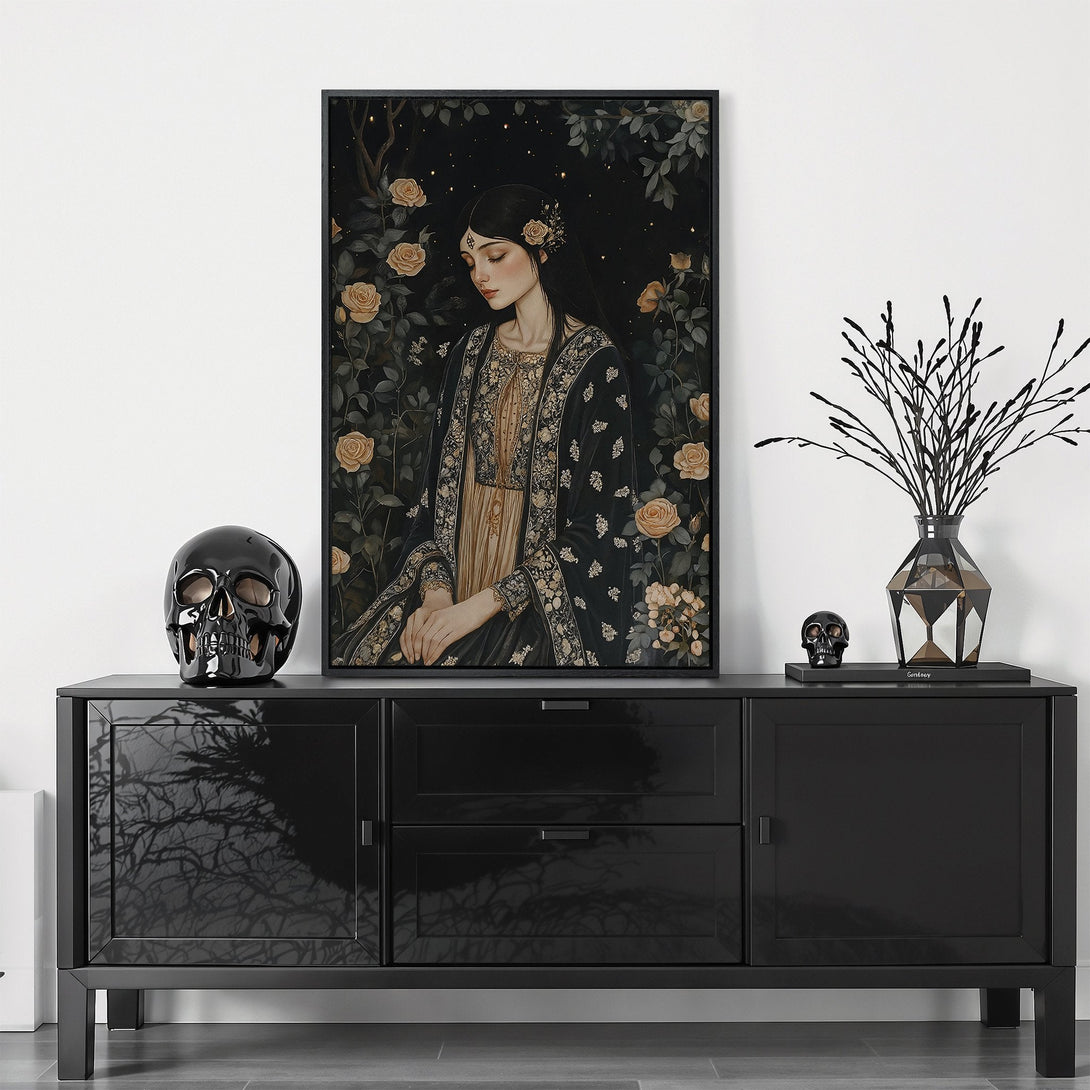 Framed Wall Art featuring a woman in a garden, dark and moody aesthetic. Earthy tones with black and gold accents. Perfect for adding elegance to your space.