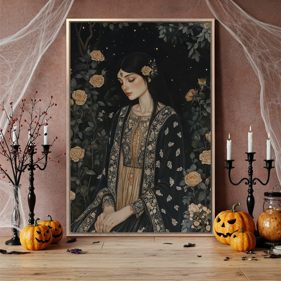 Framed Wall Art: Elegant woman portrait with roses, dark floral backdrop. Gothic style, moody color palette with gold accents. Perfect for Halloween decor!