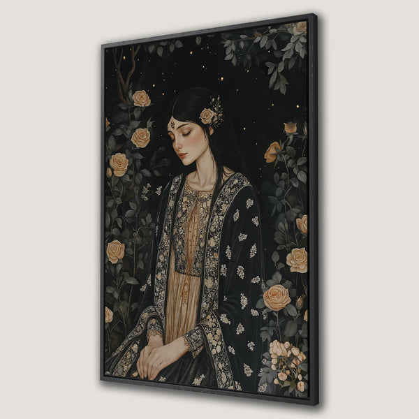 Framed Wall Art featuring a woman in a garden, with a dark, moody aesthetic. The color palette includes black, gold, and muted earth tones. Perfect for adding elegance!