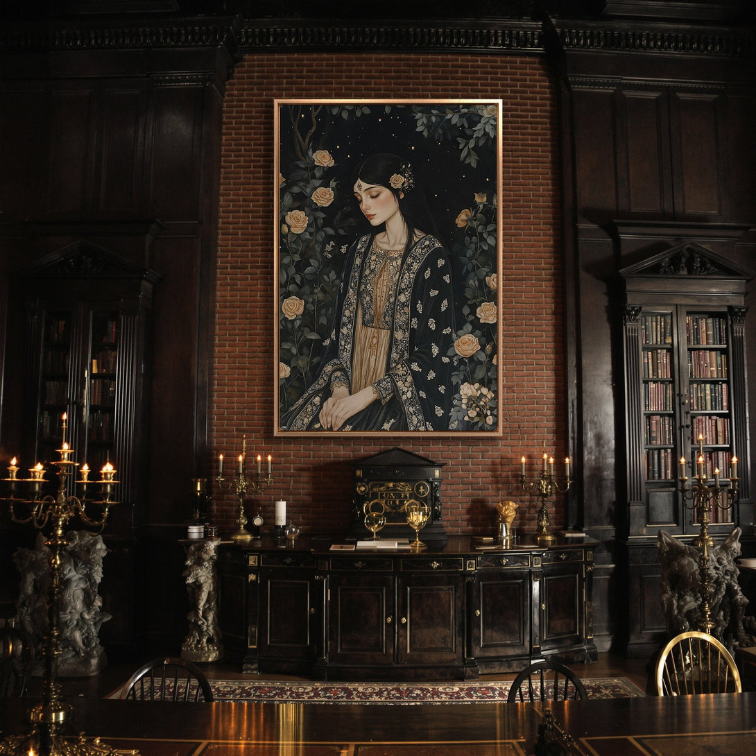 Framed Wall Art featuring a woman in a dark floral setting, rich color palette. Perfect for adding a touch of elegance to any space.