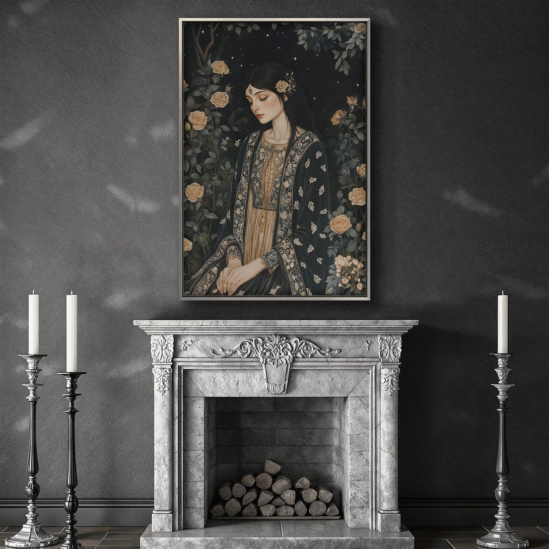 Framed Wall Art of a woman surrounded by roses, in a dark, romantic style with a muted gold and black color palette. Perfect for adding elegance.