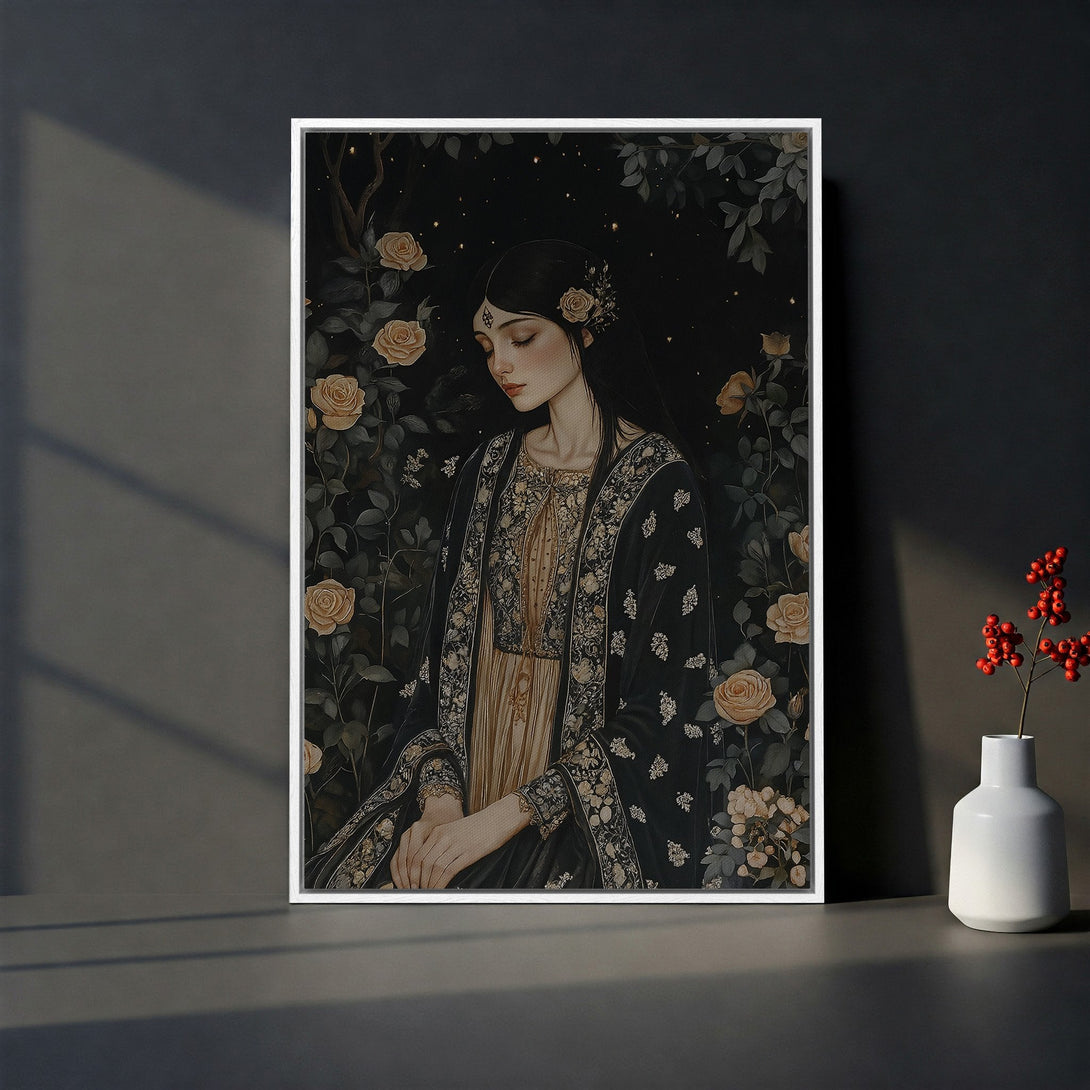 Framed Wall Art: Romantic portrait of a woman in a garden, featuring a dark, moody color palette with gold and cream accents. Perfect for adding elegance.