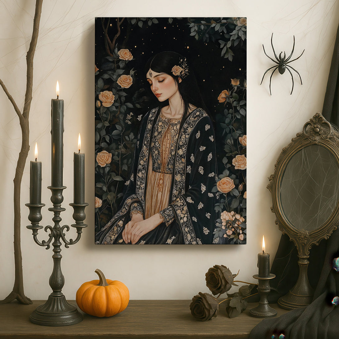 Framed Wall Art: Elegant portrait of a woman with roses, dark and moody color palette, perfect for a sophisticated interior.