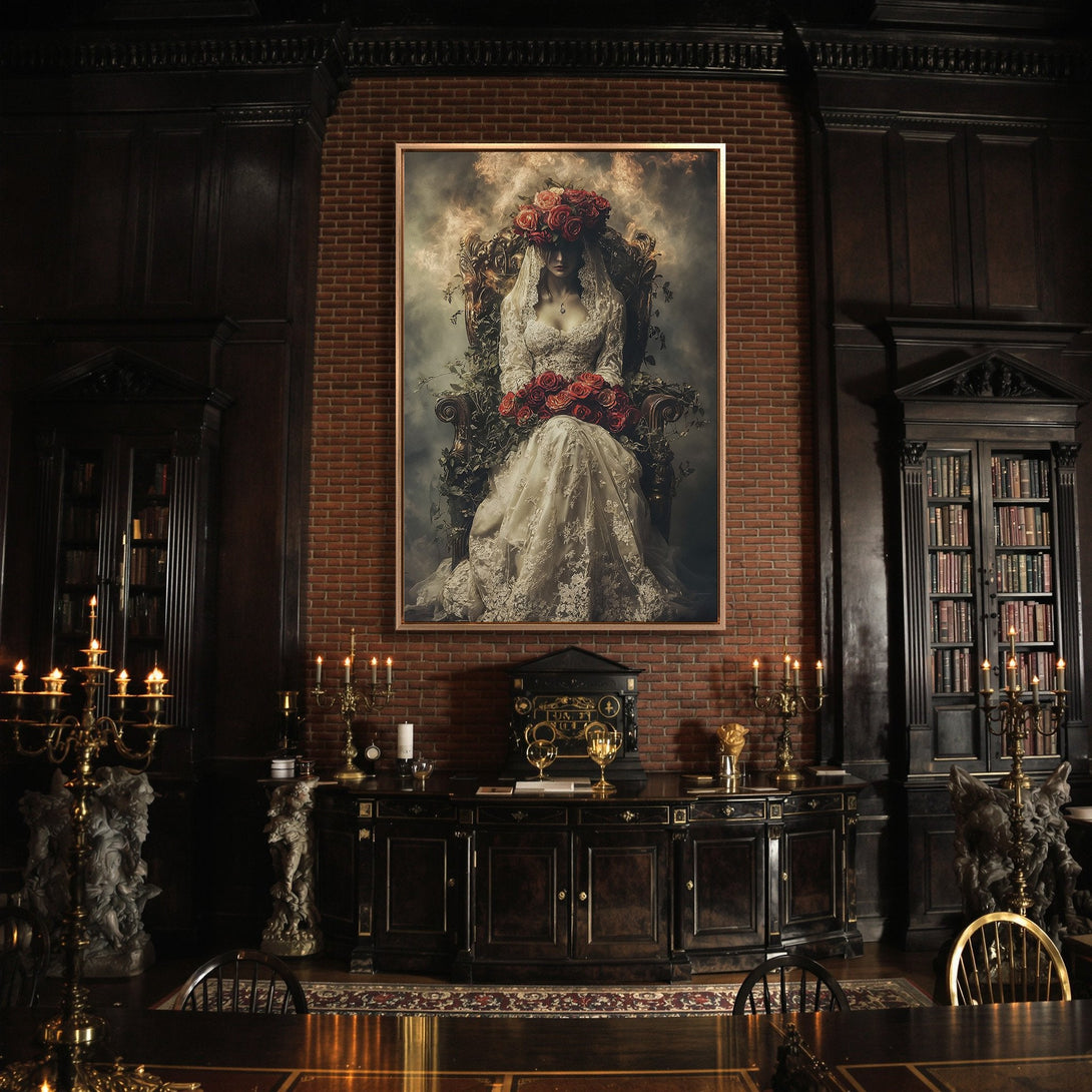 Framed Wall Art featuring a woman in a floral crown, gothic style, set in a dark, luxurious interior with a warm, rich color palette.