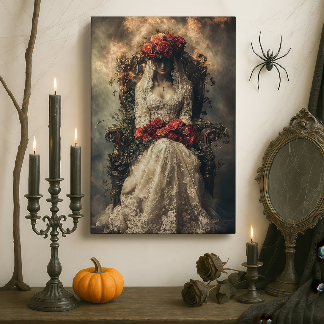 Framed Wall Art: Gothic portrait of a woman with roses, displayed in a luxurious interior. Moody, romantic style with a warm, dark color palette.
