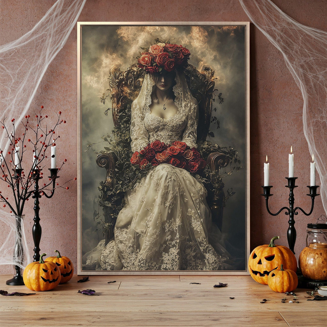Framed Wall Art featuring a gothic bride in a vintage style. The canvas print showcases a moody color palette with reds, creams, and browns, perfect for Halloween decor.