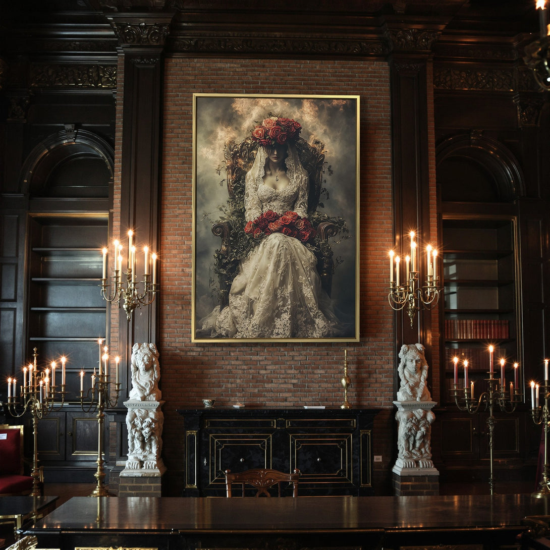 Canvas Print: Gothic bride portrait with red roses. Moody, vintage style in a dark, warm color palette. Perfect for Halloween decor.