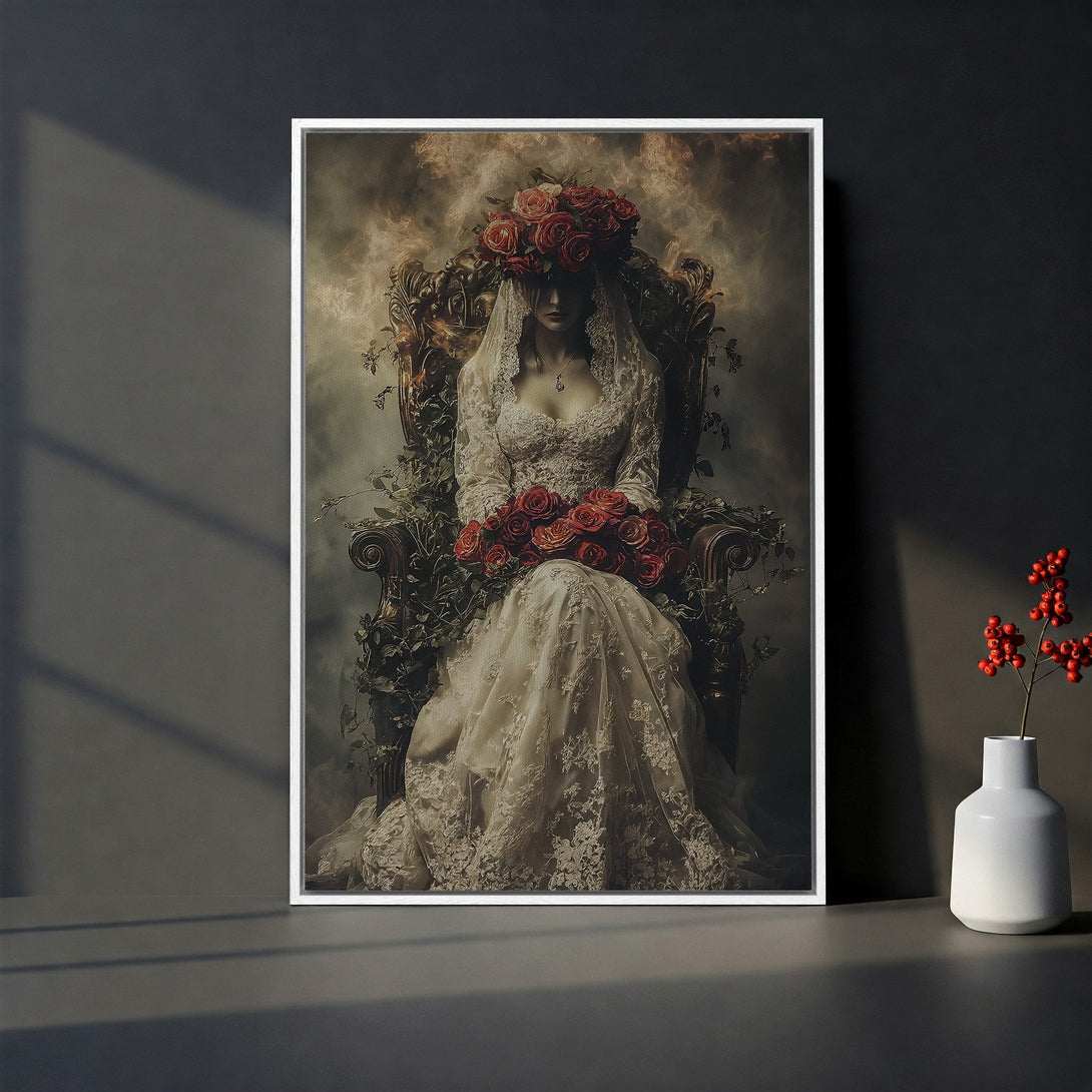 Framed Wall Art: Gothic woman with roses in a white dress, seated on a throne. Dark, moody aesthetic with a neutral and red color palette. Perfect home decor.