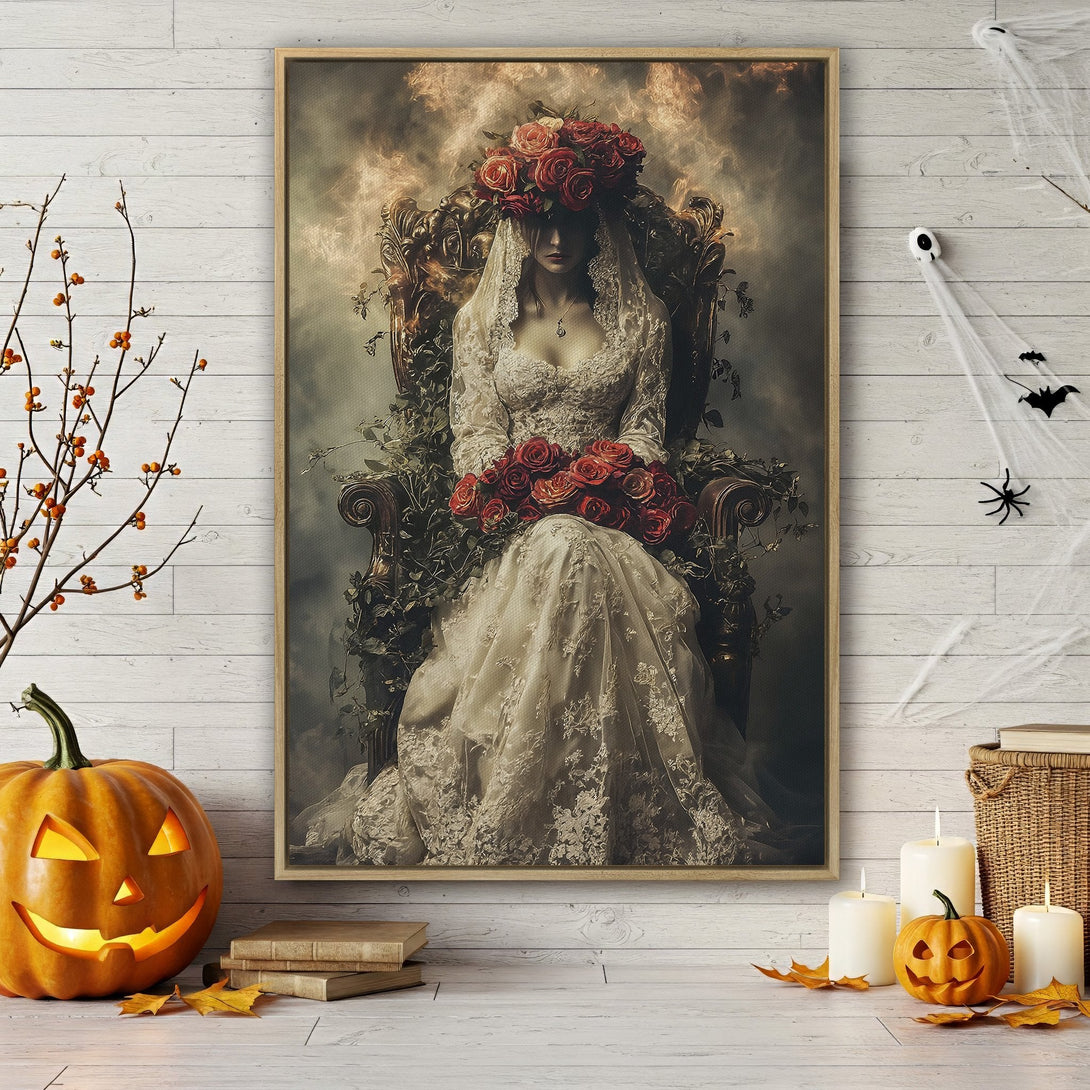 Framed Wall Art: Gothic portrait of a woman with roses, vintage style, warm color palette. Perfect for Halloween decor and adding a touch of elegance.