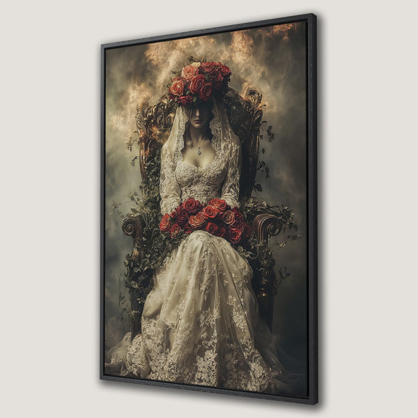 Framed Wall Art: Gothic portrait of a woman in a white dress and rose crown, seated on a throne. Moody, vintage style with a dark, warm color palette.