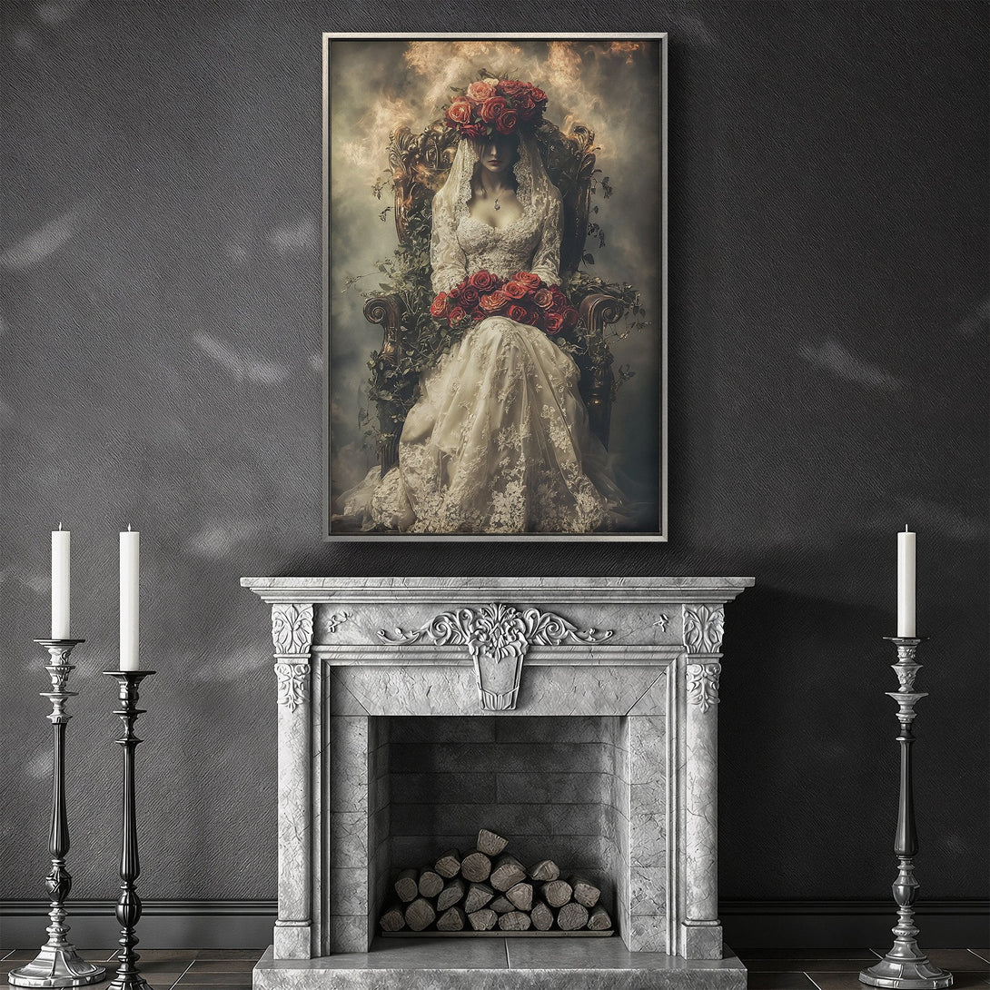 Framed Wall Art: Gothic woman with roses in vintage style. Romantic canvas print with a dark, moody color palette. Perfect wall decor.