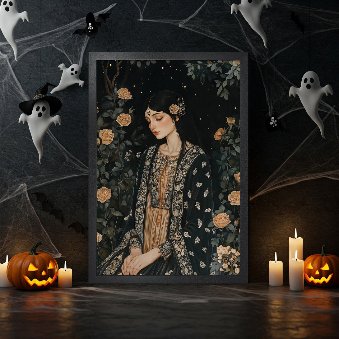 Framed Poster featuring a woman in a floral dress, dark & moody style, with a black, gold, and beige color palette. Perfect Halloween decor!