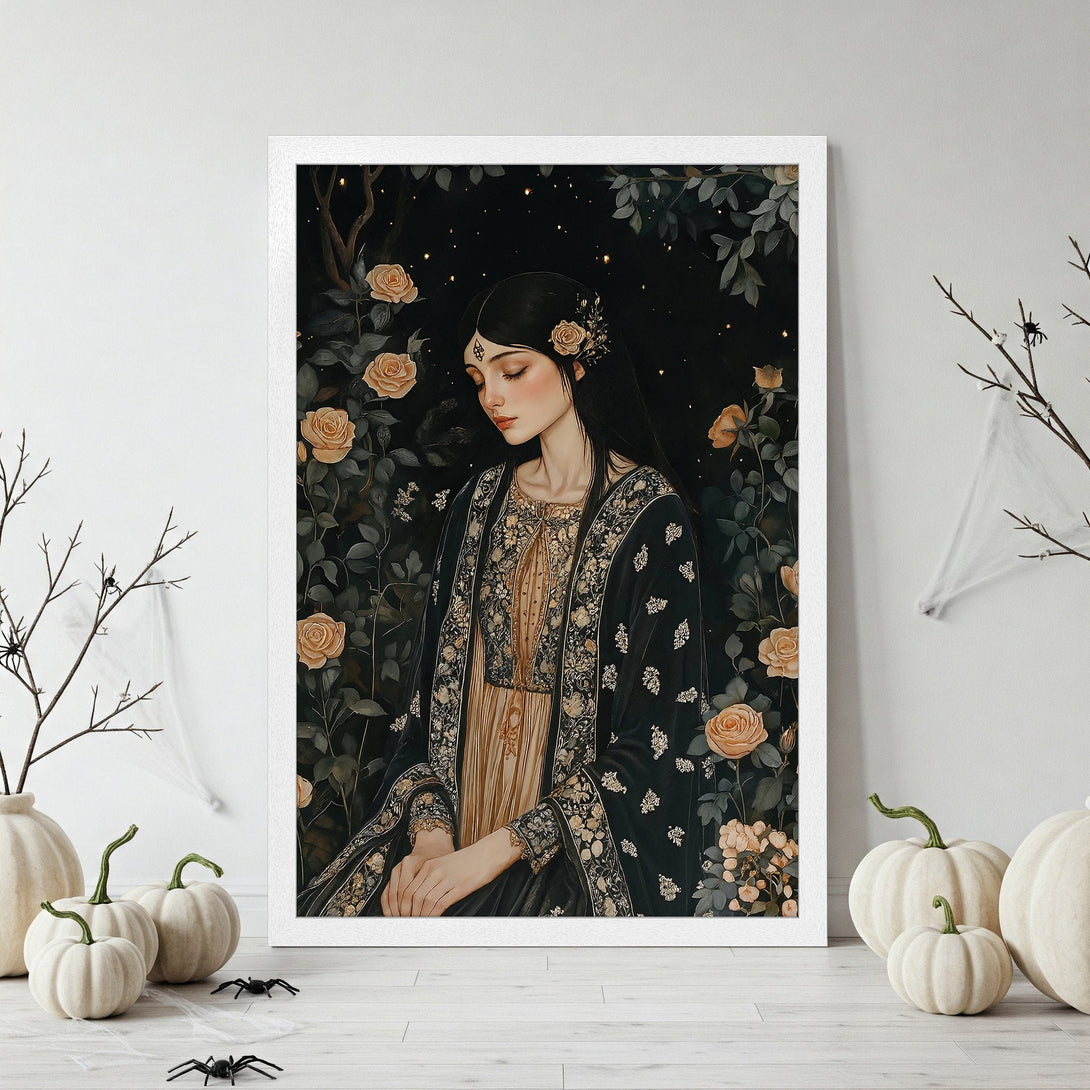 Framed Poster featuring a mystical woman in a garden, with a dark, elegant style and a gold and black color palette. Perfect wall art!