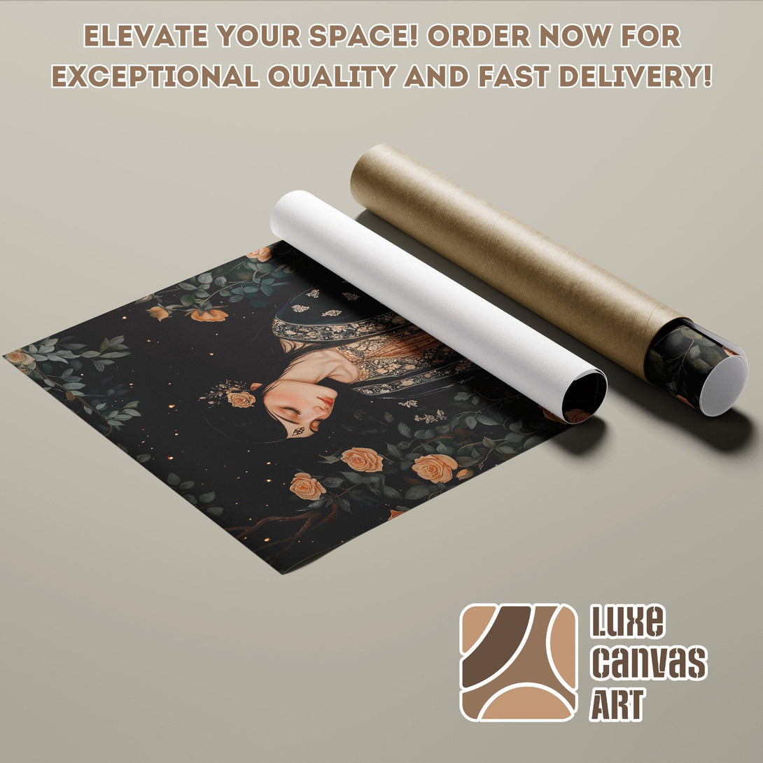 Poster Roll featuring a woman with roses, in a dark, elegant style with a warm color palette. Order now!