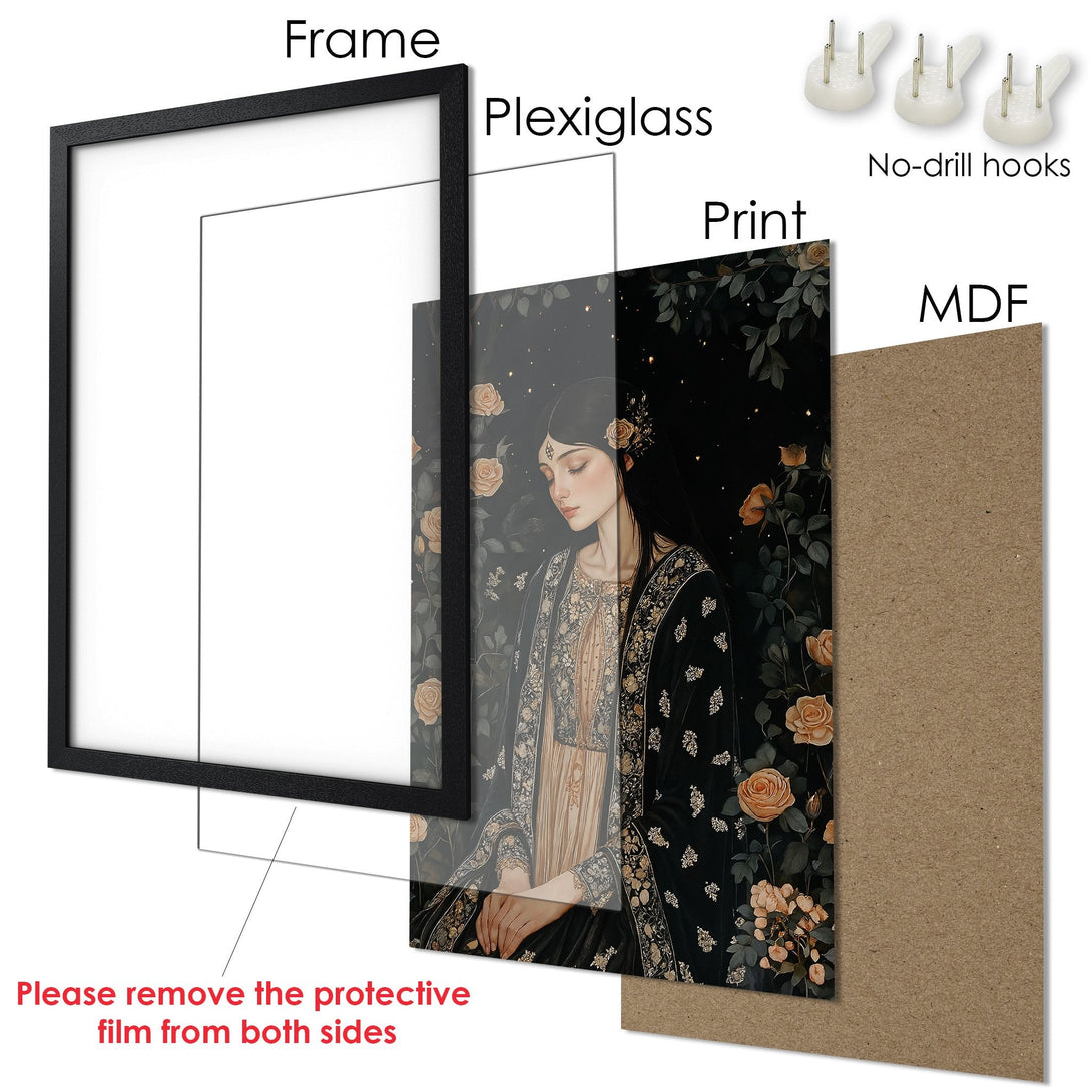Framed Poster: Elegant woman art print with a dark, floral background and warm color palette. Perfect wall decor.