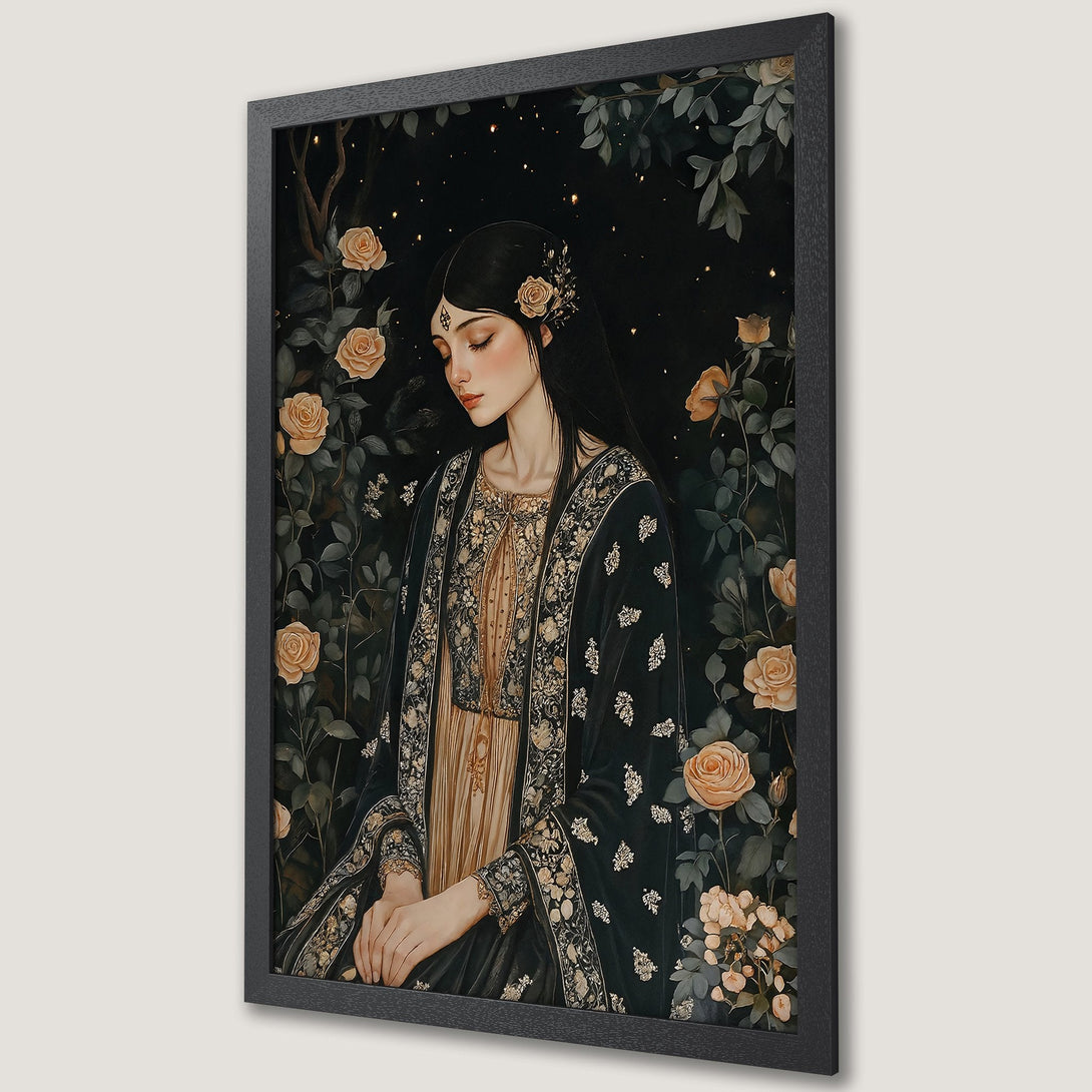 Framed Poster featuring a woman in a floral garden, artistic style with a dark, romantic color palette of black, gold, and peach. Perfect wall art!