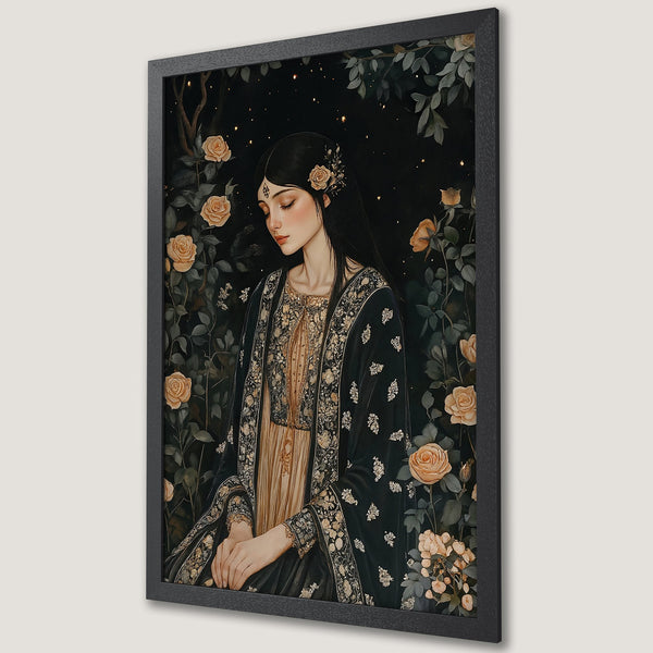 Framed Poster featuring a woman in a floral garden, artistic style with a dark, romantic color palette of black, gold, and peach. Perfect wall art!