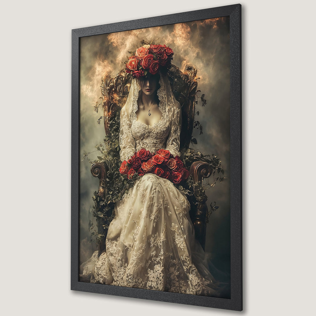 Framed Poster: Gothic woman with roses. Moody art print in sepia tones, perfect for unique wall decor. Add a touch of mystery to your space!