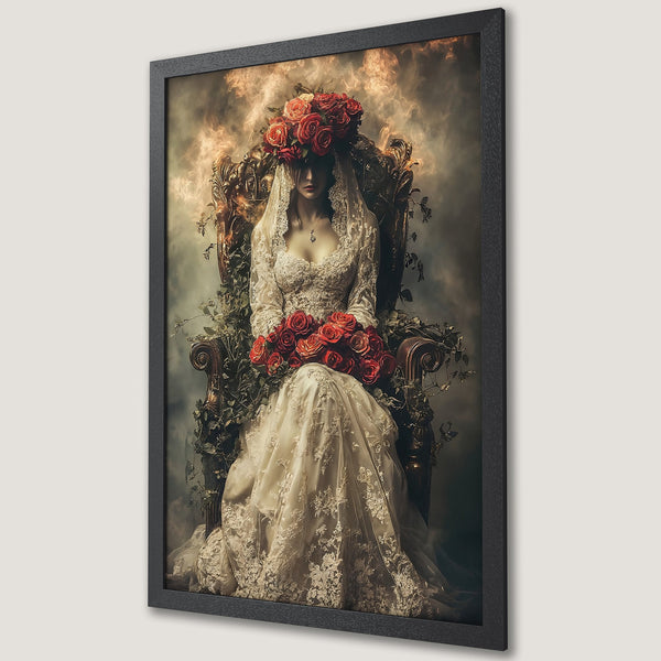 Framed Poster: Gothic woman with roses. Moody art print in sepia tones, perfect for unique wall decor. Add a touch of mystery to your space!