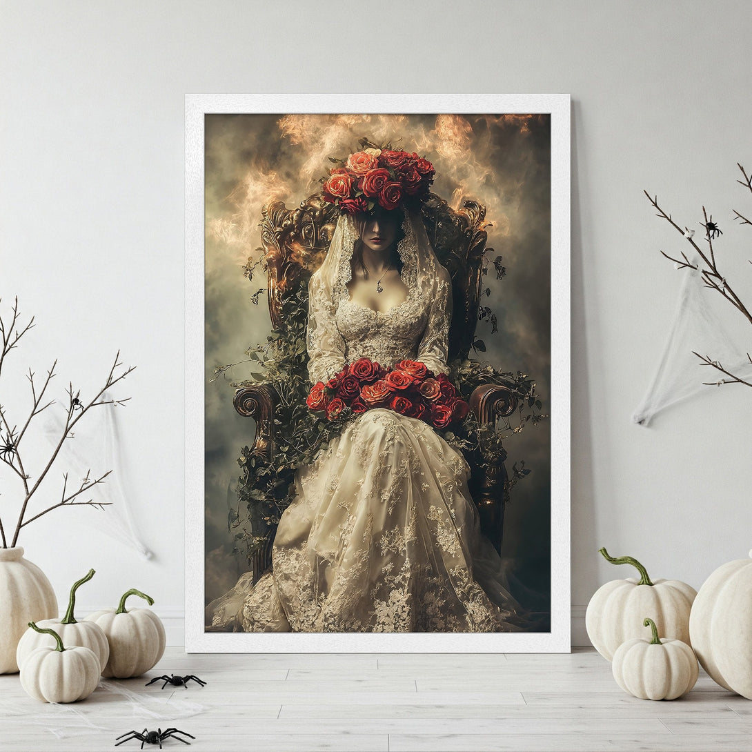 Framed Poster featuring a gothic bride in a vintage style, with a warm, muted color palette. Perfect Halloween decor!