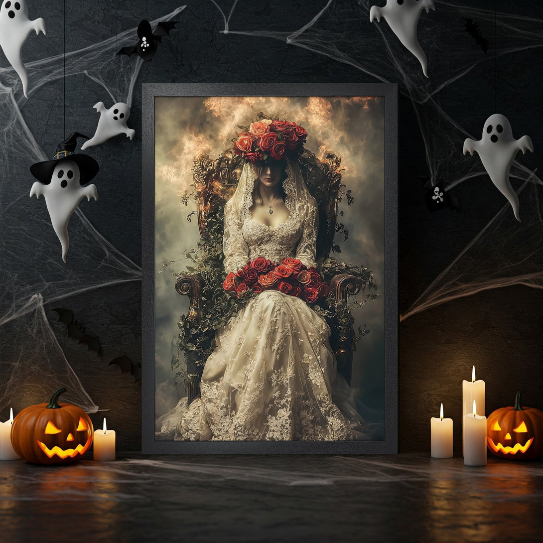 Framed Poster featuring a gothic bride in a floral crown, with a dark, moody style and a warm, autumnal color palette. Perfect Halloween decor!