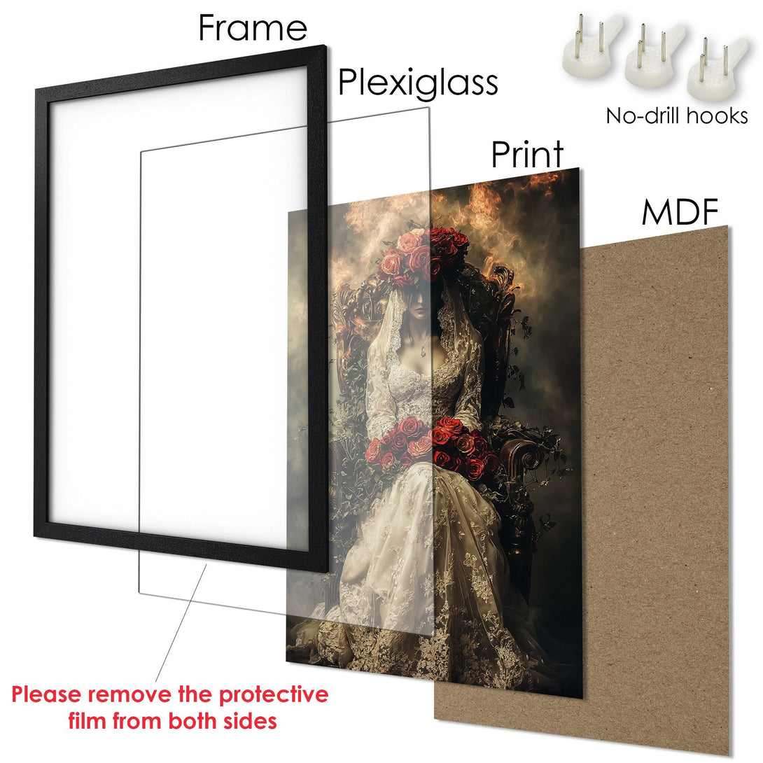 Framed Poster featuring a woman with roses, in a romantic, vintage style. Warm color palette with reds and golds. Perfect wall art!