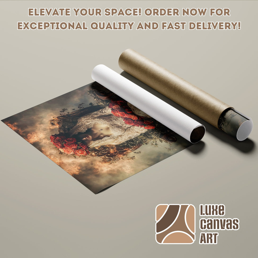 Poster Roll featuring a woman with roses, in a romantic style with a warm, earthy color palette. Order now!