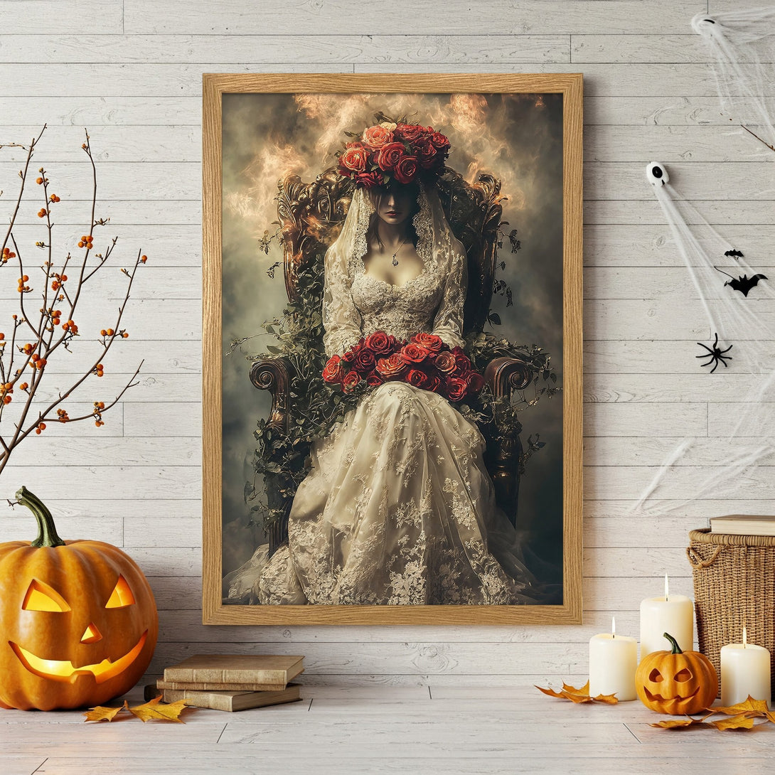 Framed Poster featuring a gothic bride with a floral crown, in a vintage style, with a warm, earthy color palette. Perfect Halloween decor!