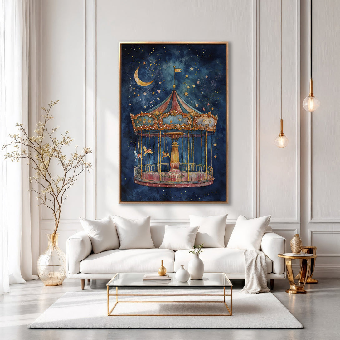 Framed Wall Art: Whimsical carousel painting in watercolor style, featuring a night sky with moon and stars. Adds a touch of magic with a blue and gold palette.
