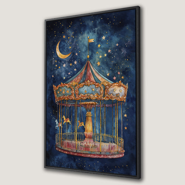 Framed Wall Art featuring a whimsical watercolor carousel scene with a night sky backdrop. Rich blues, gold, and warm tones create a magical, dreamy vibe.