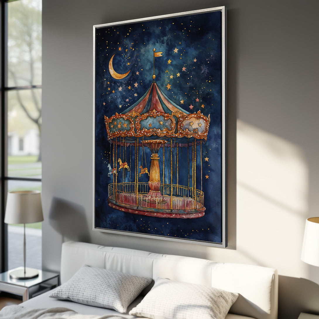 Framed Wall Art: Watercolor carousel print with a dreamy night sky. Blue, gold, and red tones create a whimsical and enchanting ambiance. Perfect for nursery decor.