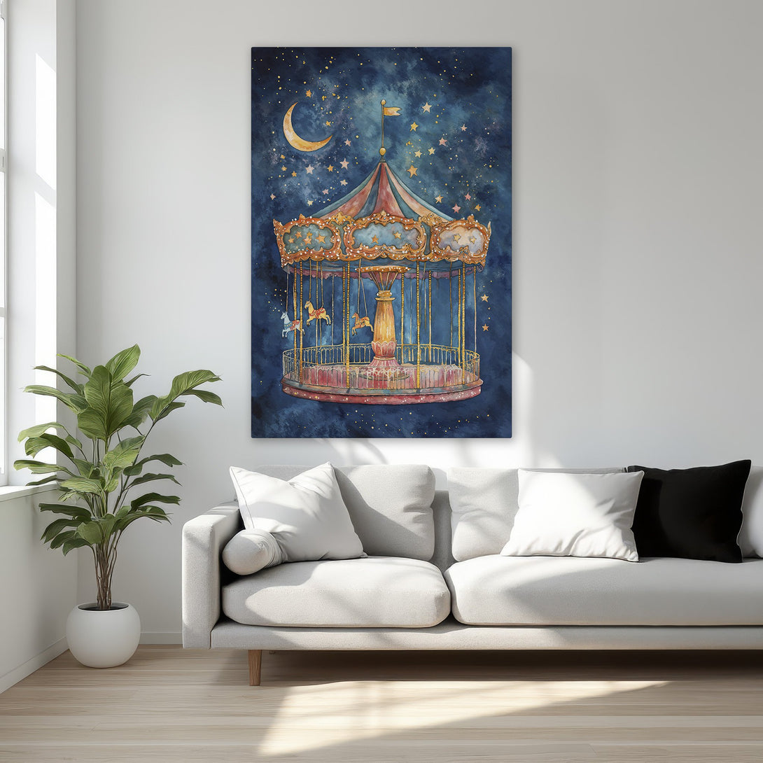 Framed Wall Art: Whimsical carousel scene in watercolor style with a dreamy blue and gold color palette. Perfect for adding a touch of magic to any room.