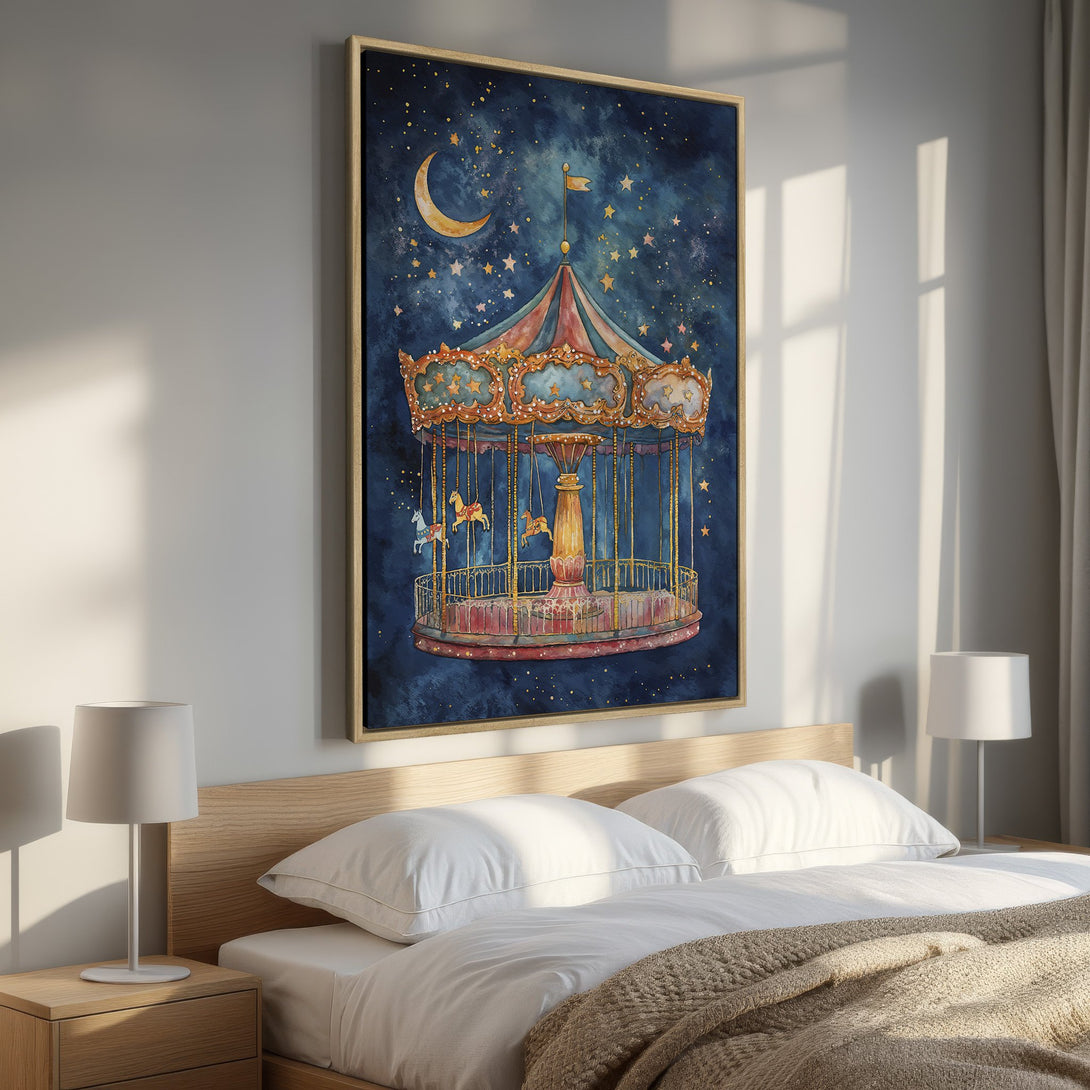 Framed Wall Art: Whimsical carousel print with a dreamy night sky. Watercolor style, blue & gold palette, perfect for adding a touch of magic to your space.