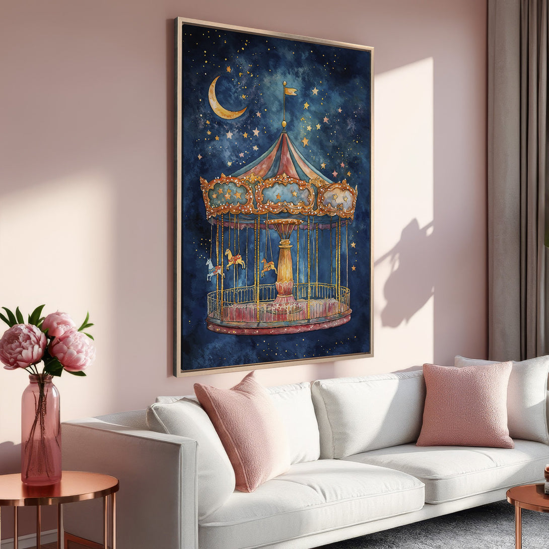 Framed Wall Art featuring a whimsical carousel under a starry night sky. Watercolor style with a dreamy blue, gold, and pink color palette. Perfect for a nursery!