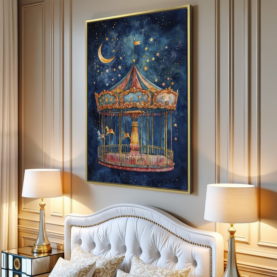 Canvas Print of a whimsical carousel under a starry night sky. Watercolor style art with a blue, gold, and red color palette. Perfect wall decor!