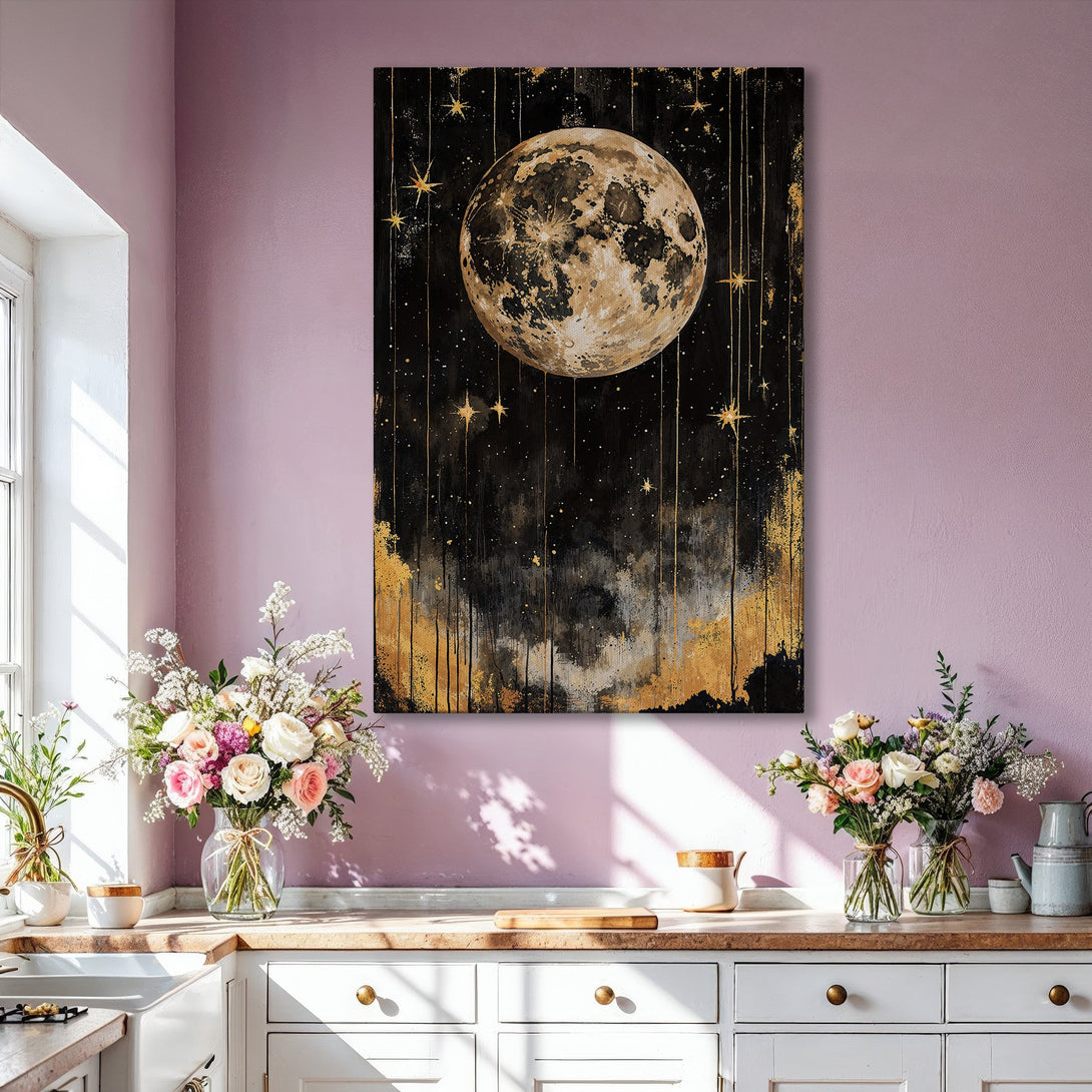 Framed Wall Art: Stunning celestial moon and stars art print in black, gold, and neutral tones. Perfect for adding a touch of modern elegance to your space.