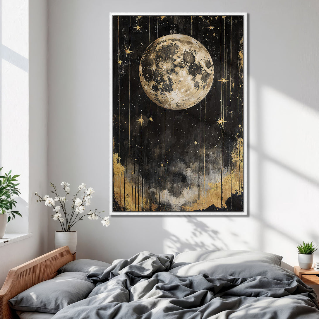 Framed Wall Art: Abstract moon and stars canvas print with gold accents on a black background. Modern bedroom decor with neutral tones.