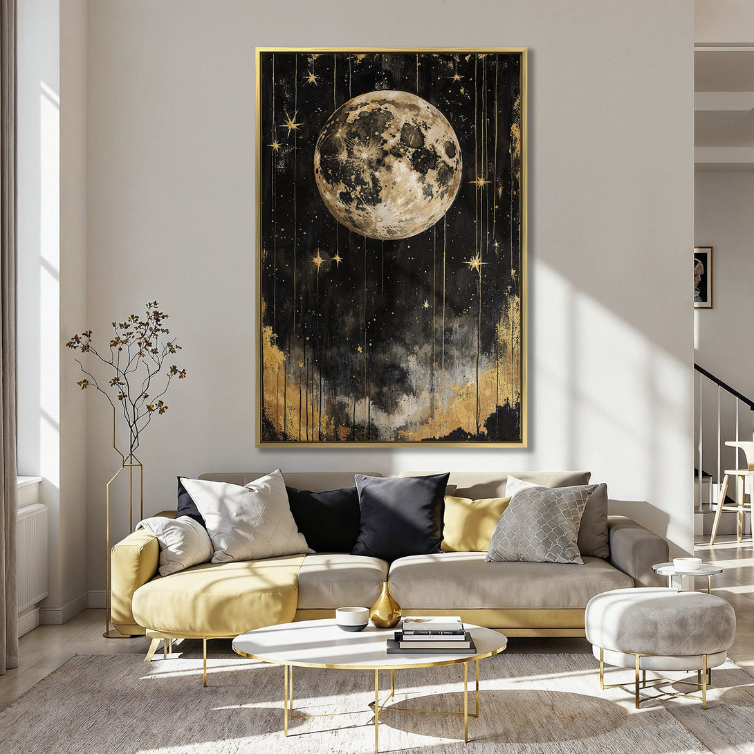 Canvas Print featuring a celestial moon and stars in a black and gold abstract style. Adds a touch of elegance to any space.
